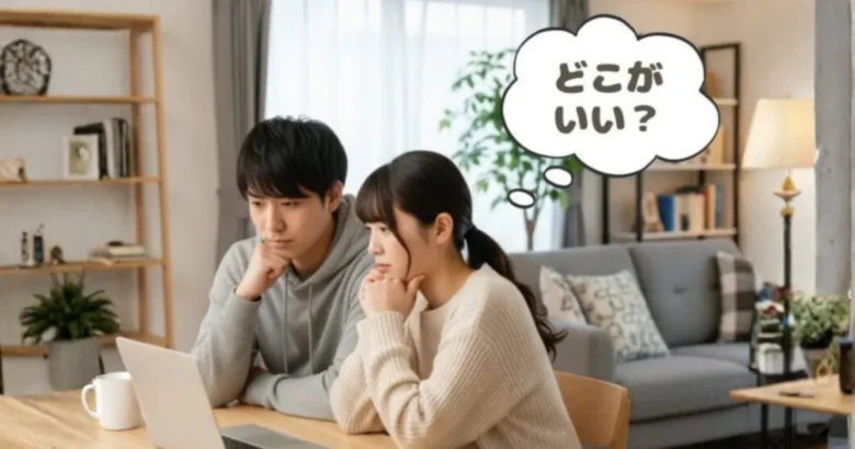 パソコンを見ながら不動産一括査定を検討する夫婦。どこがいい　というテキスト