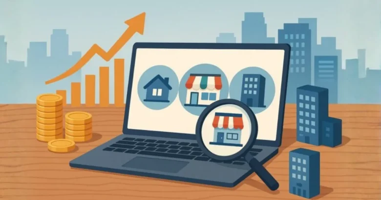 事業用・投資用不動産をイメージしたイラスト。木目テーブル上のノートパソコン画面に住宅、コンビニ風店舗、オフィスビルの3種類の物件アイコンが並び、虫眼鏡で店舗アイコンを拡大。周囲に金貨の山と上昇グラフが描かれ、背景にはシティスカイラインが淡く配置されて投資収益の伸びを表している