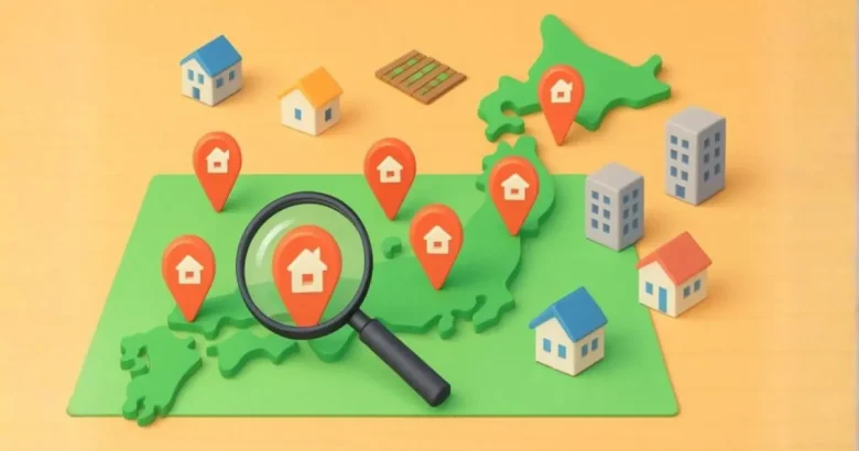 地域密着の不動産一括査定をイメージしたイラスト。木製テーブル上に日本地図が置かれ、家アイコン付きの赤いピンが7か所に立つ。中央のピンを虫眼鏡が拡大し、地図の周囲には戸建てやビルの模型が配置されている
