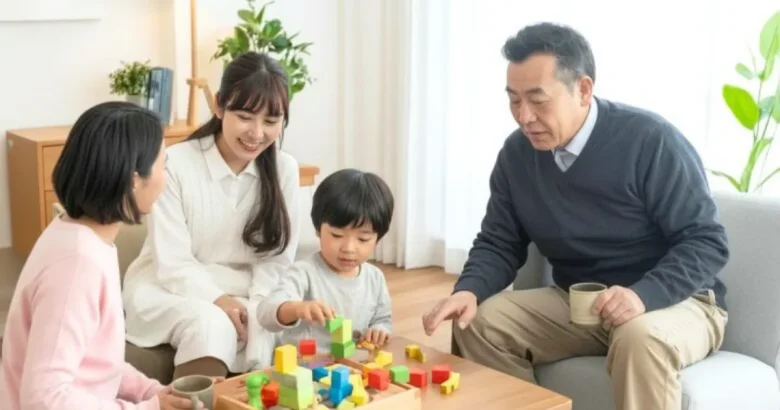 親子3世代がリビングで過ごしている。家族団らんの様子