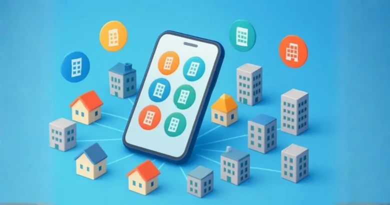 おすすめ不動産一括査定サイトを連想させるイラスト。スマートフォンの画面に複数のビルアイコンが並び、周囲に家とビルの模型が10棟配置され、青い背景上で白いラインが各物件をスマホに接続している様子