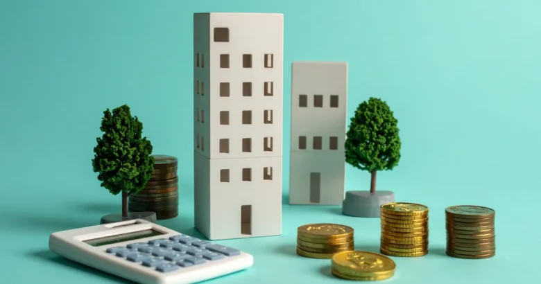 マンションの模型と電卓とコイン