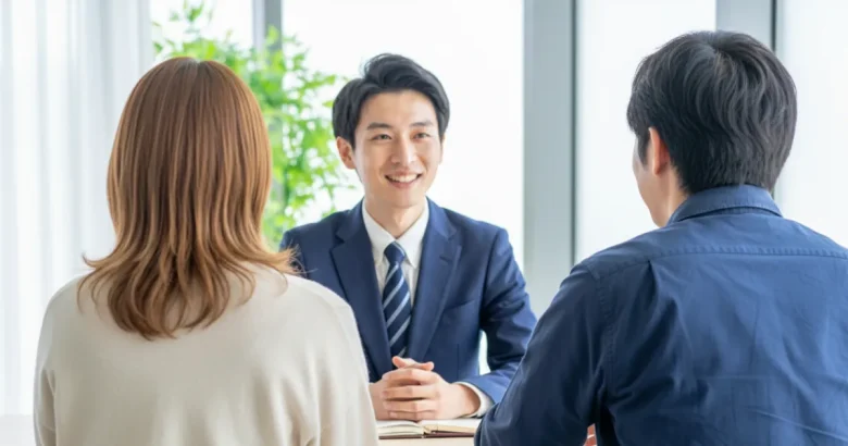 夫婦に笑顔で説明しているスーツを着た男性