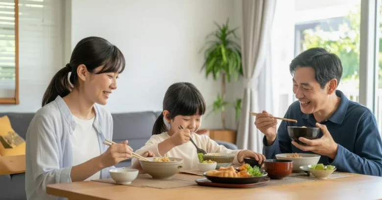 家族が食卓を囲む様子。