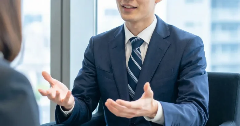 インタビューに答えているビジネスマン