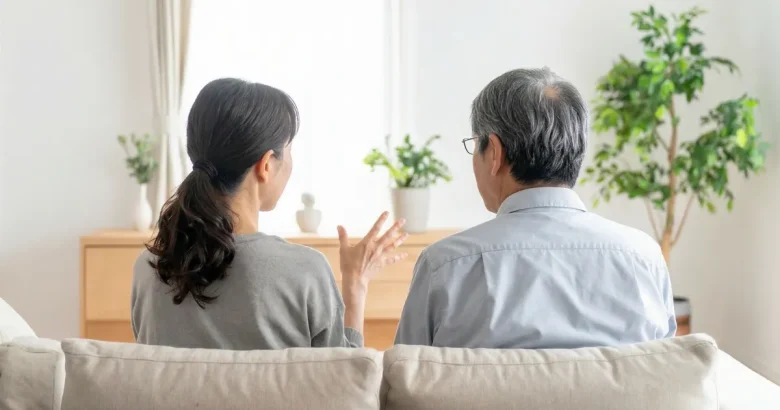 ソファに座って話している夫婦の後ろ姿