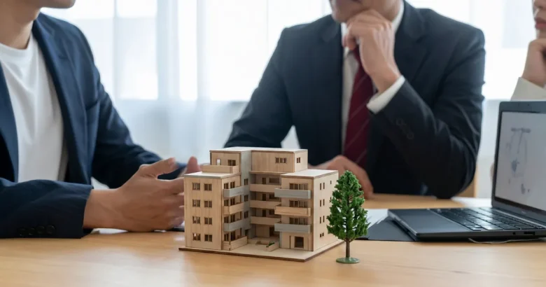 マンションの模型と話し合う人たち